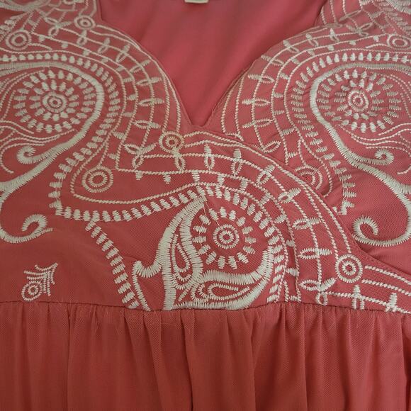 Nurture Dress S Midi V Neck Dark Peach Flowing Lined Embroidery Empire Baby Doll - Picture 4 of 12